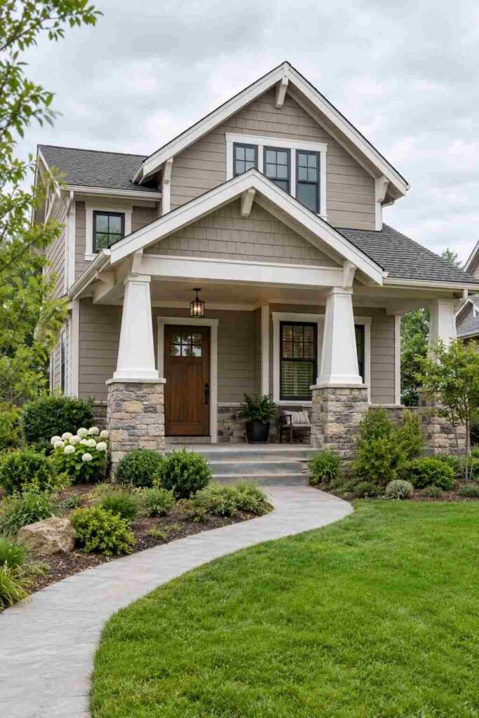 Craftsman bungalow painted greige with white trim and a natural stone base