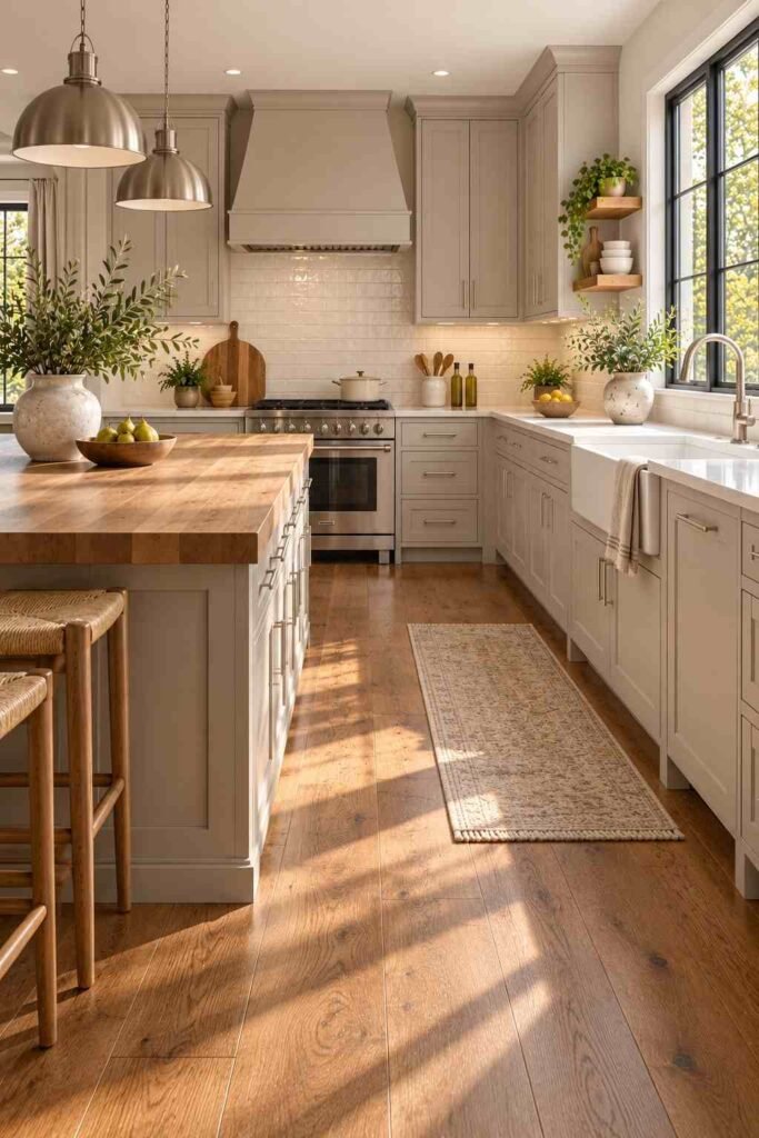 Greige kitchen cabinets with medium-tone wood floors and a butcher block island