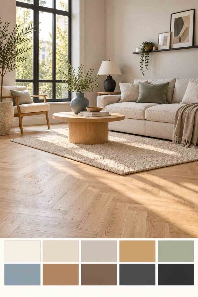 30 Scandinavian Interior Design Ideas with Wood Block Flooring for a Warm, Light-Filled Home 18 Greige living room with oak wood block flooring, sage and black accents, and a 10-color swatch strip