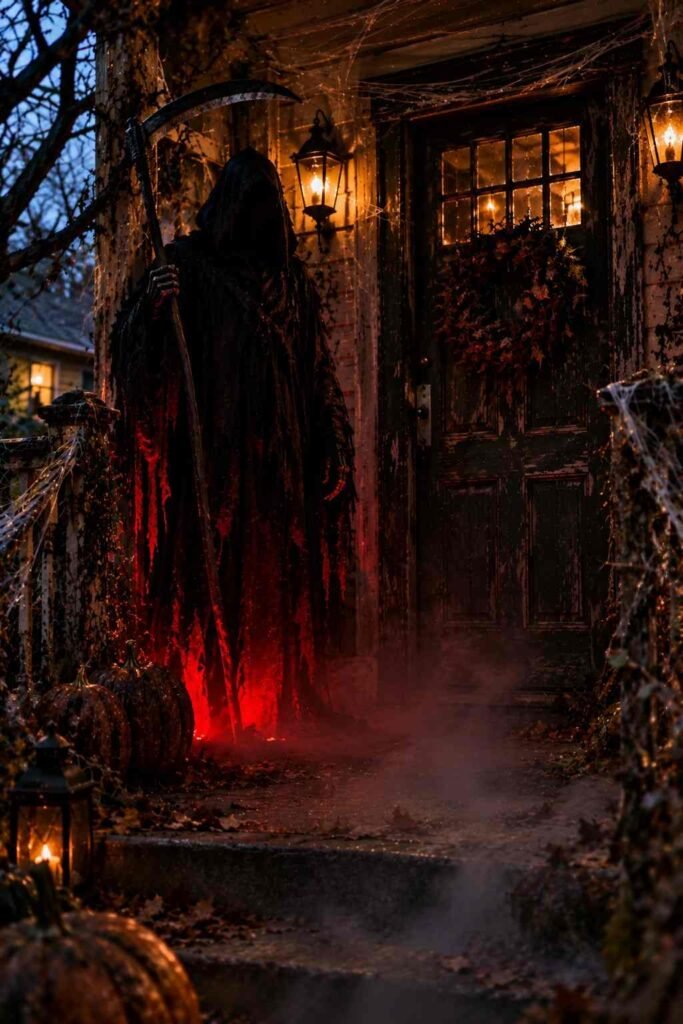 Grim Reaper figure with a scythe greeting guests at a Halloween front door.