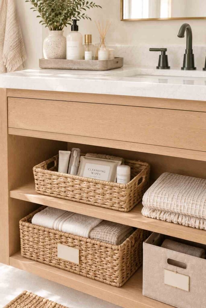 Bathroom Storage Ideas for Toiletries: 30 Smart Ways to Organize Every Space 19 Guest basket with travel-size toothpaste, a spare toothbrush, and wipes