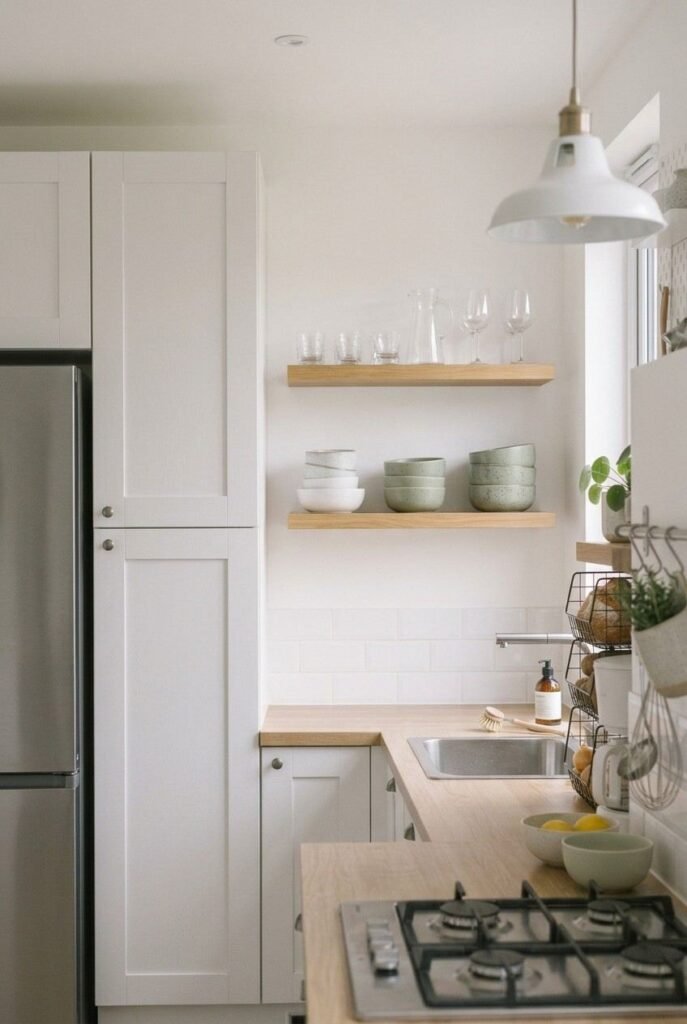 Kitchen wall mixing closed white cabinets and open wood shelves near the sink