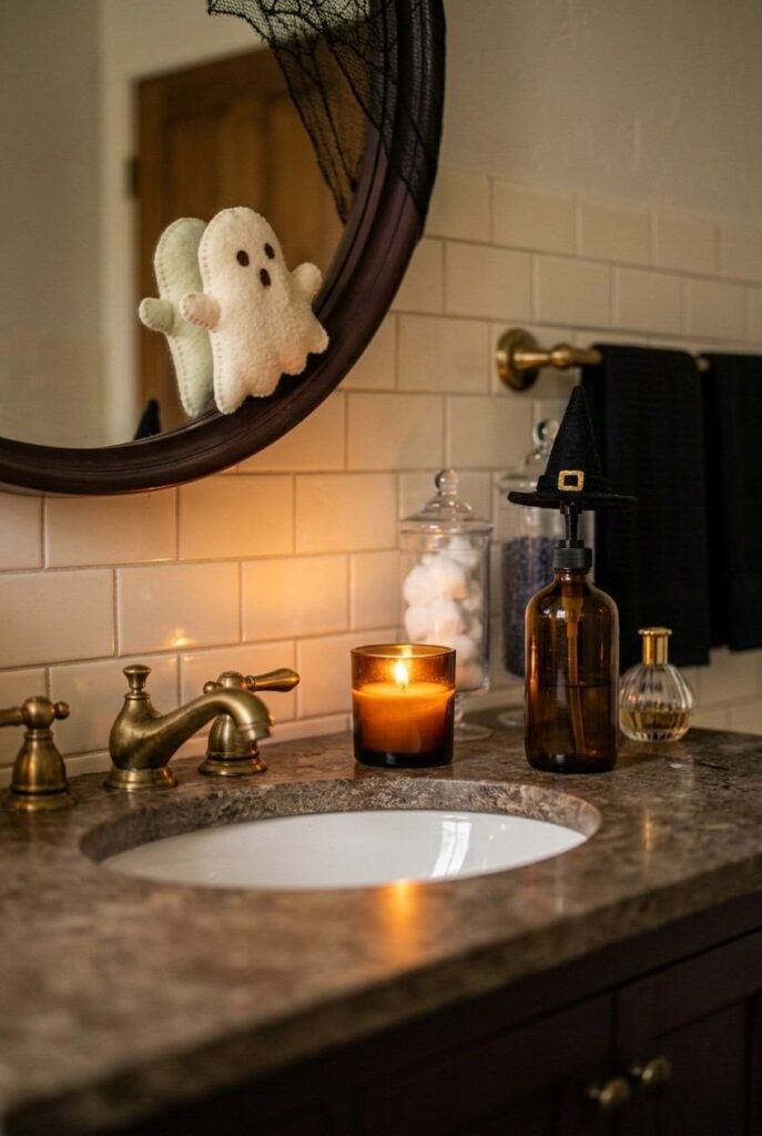 Small ghost peeking behind a vanity mirror in a Halloween bathroom with a glowing candle and witch hat soap dispenser