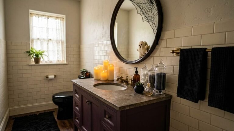 Halloween bathroom with black towels, apothecary jars, candles and a plum vanity