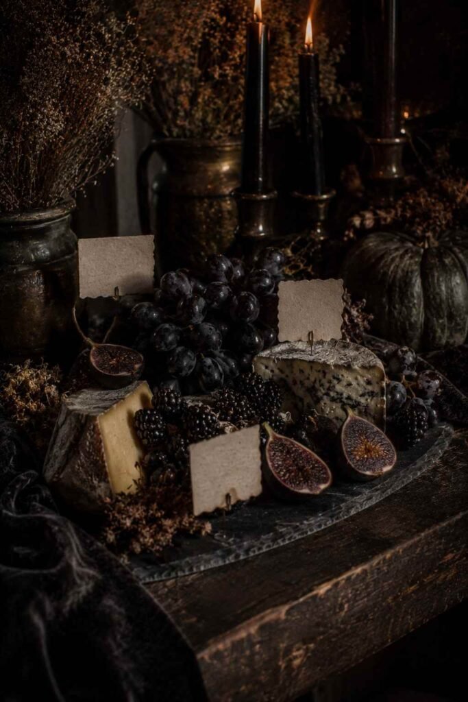 Slate charcuterie board with dark grapes, figs, blackberries and aged cheeses
