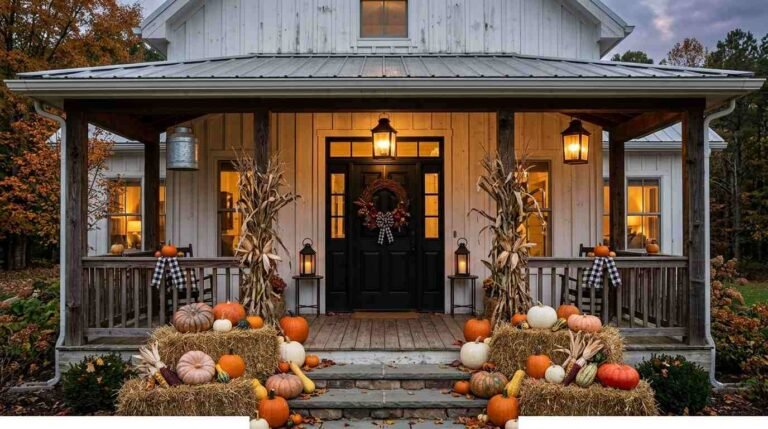 halloween front porch ideas Farmhouse at dusk with hay bales, pumpkins, and lanterns