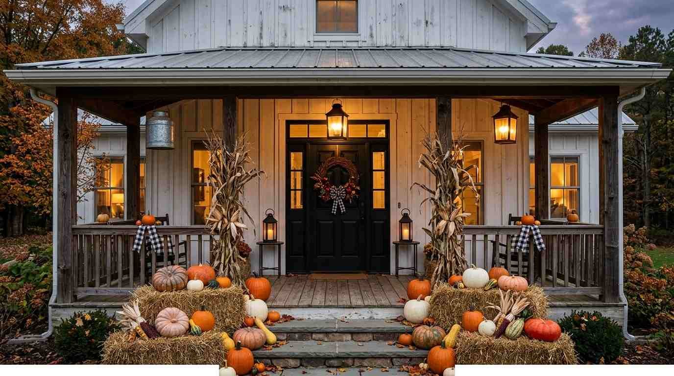 halloween front porch ideas Farmhouse at dusk with hay bales, pumpkins, and lanterns