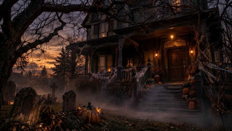 Halloween front porch ideas Scary at dusk with fog, cobwebs, and aged pumpkins