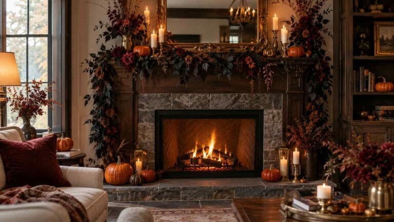 Gothic Halloween mantel decor with black garland, burgundy blooms and gold candlesticks
