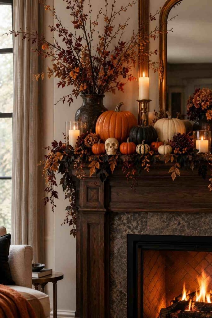 28 Halloween Mantel Decor Ideas: Spooky, Elegant and Family-Friendly Styles 2 Mantel arranged in tall, medium and small layers using pumpkins, branches and candles.