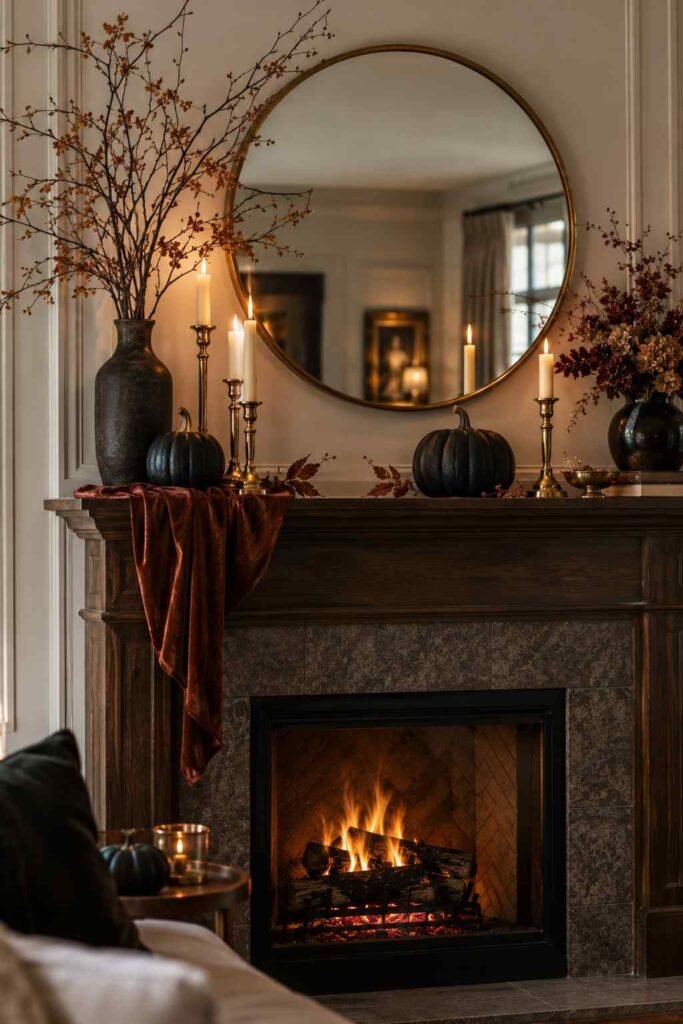 28 Halloween Mantel Decor Ideas: Spooky, Elegant and Family-Friendly Styles 3 Halloween mantel decor with a mirror focal point and a mix of matte, shiny and soft textures.
