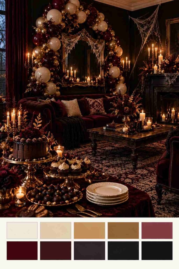 28 Halloween Party Decorations Indoor: Spooky Ideas That Transform Any Room 2 Modern glam Halloween room in matte black, antique gold, and burgundy with a two-row color swatch strip below