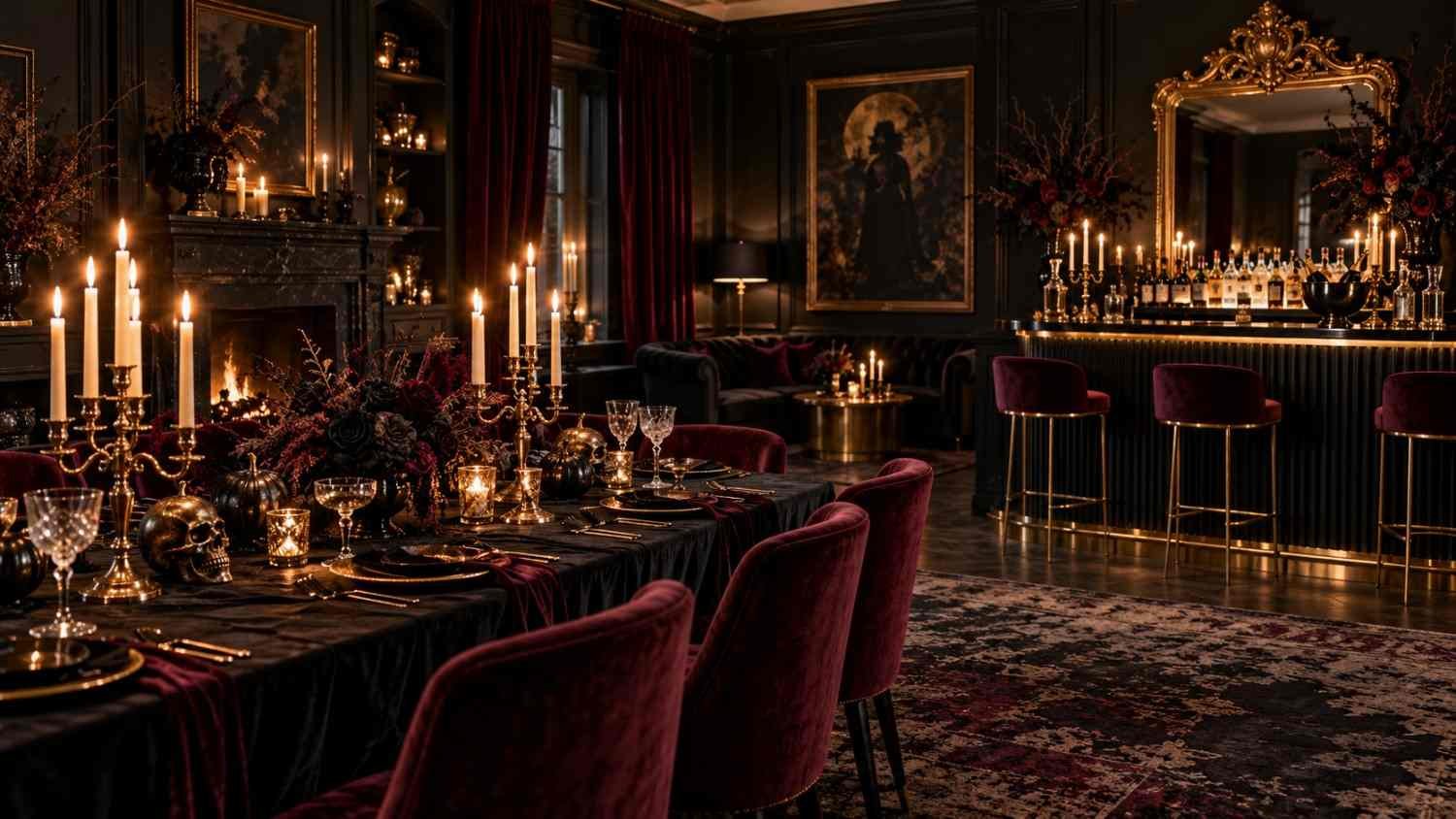 Black and gold Halloween party decorations for adults with candlelit table, velvet drapes