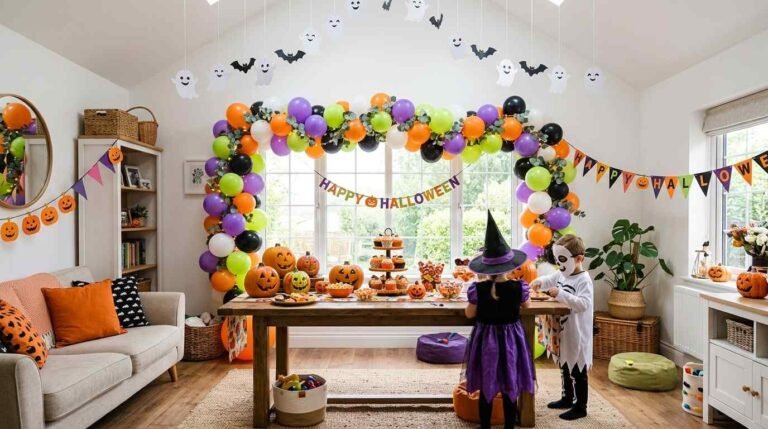 Bright Halloween party decorations for kids, room with balloon garlands, paper ghosts and smiling pumpkins