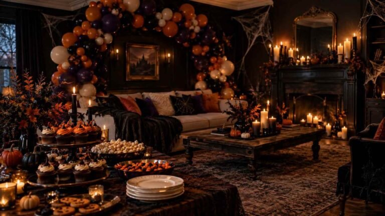 Living room with Halloween party decorations indoor in black, orange, and purple