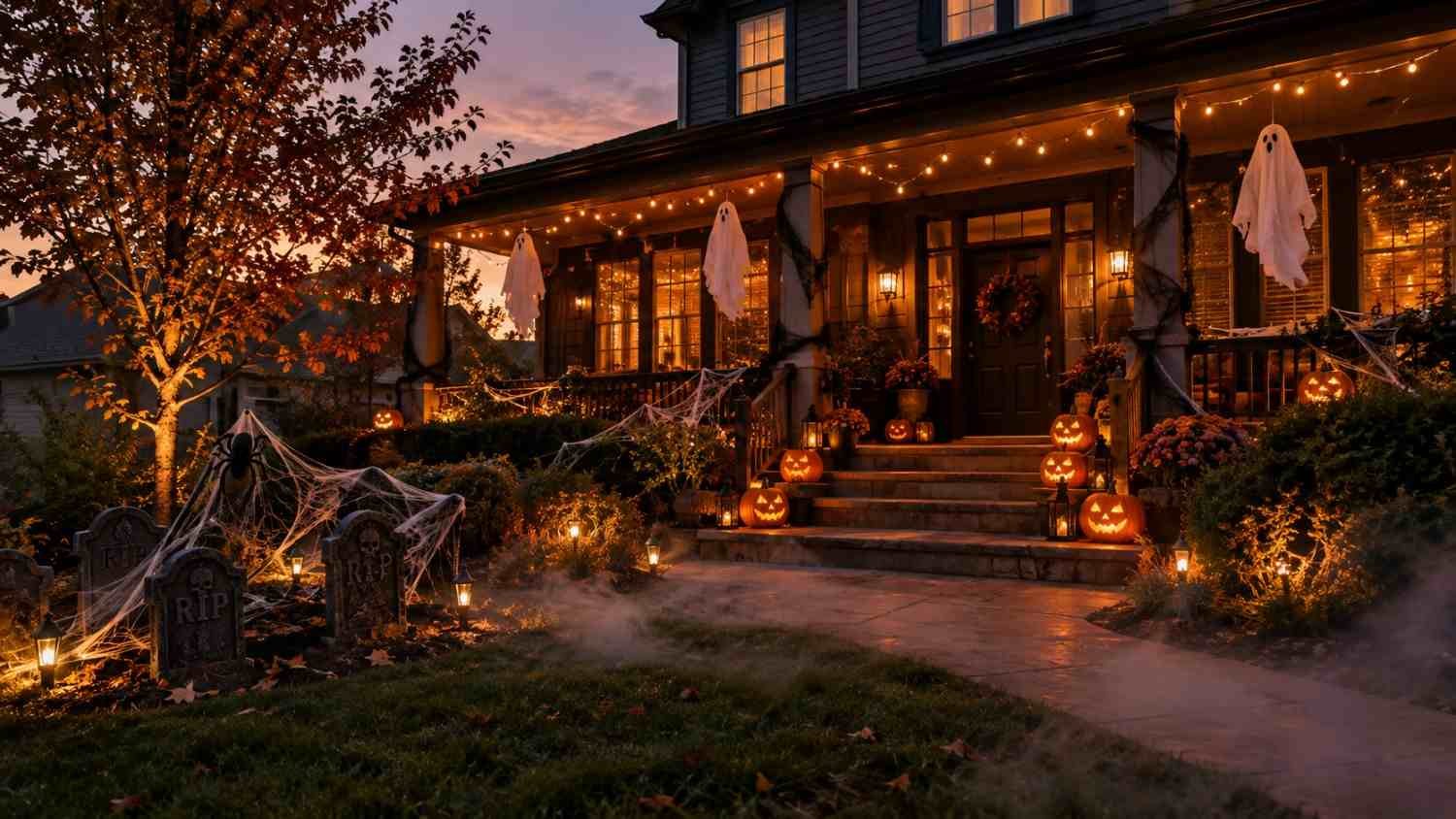 Front yard and porch decorated with pumpkins, fog, and string lights for Halloween
