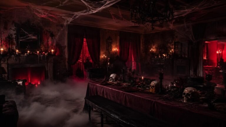 Halloween Party Decorations Scary, Dark haunted living room with red lighting, fog, and candles, shown with a blood red and black