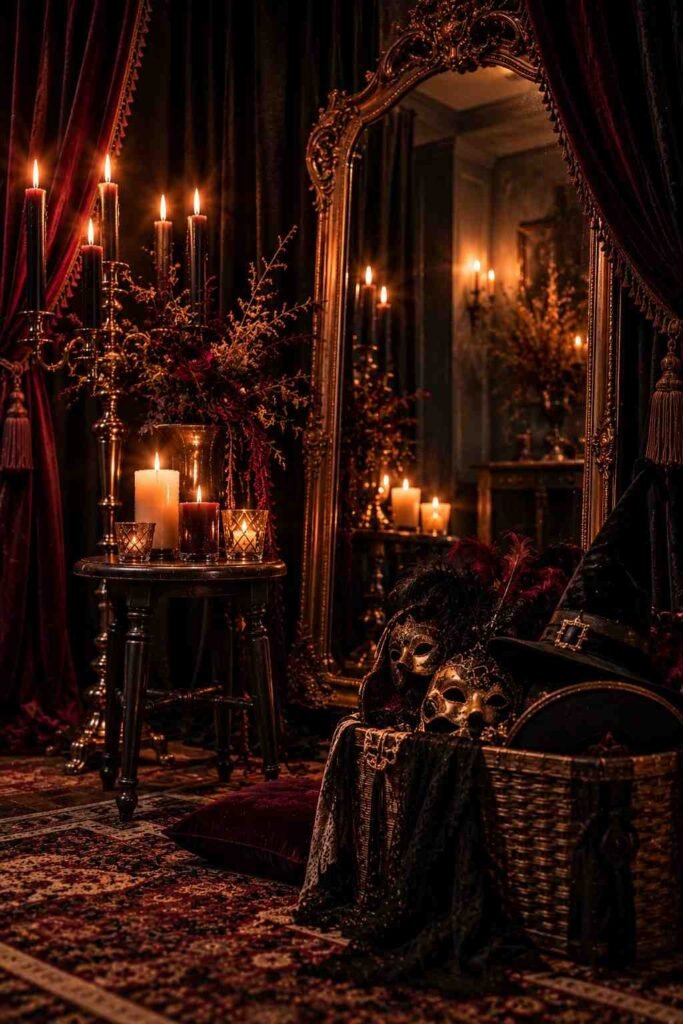 30 Halloween Party Decorations for Adults: Moody, Spooky, Stylish Ideas for Any Home 17 Photo backdrop with black curtains and a vintage mirror for an adult Halloween party.