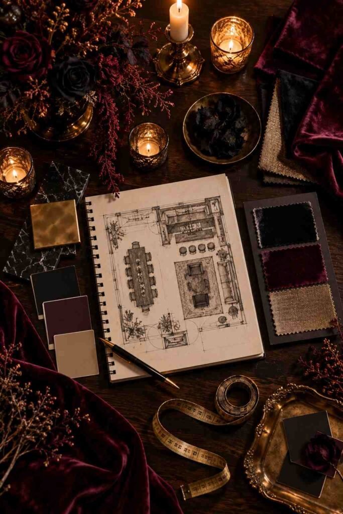 30 Halloween Party Decorations for Adults: Moody, Spooky, Stylish Ideas for Any Home 2 Flat lay of fabric swatches, candles and a notebook for planning Halloween party decor ideas for adults.