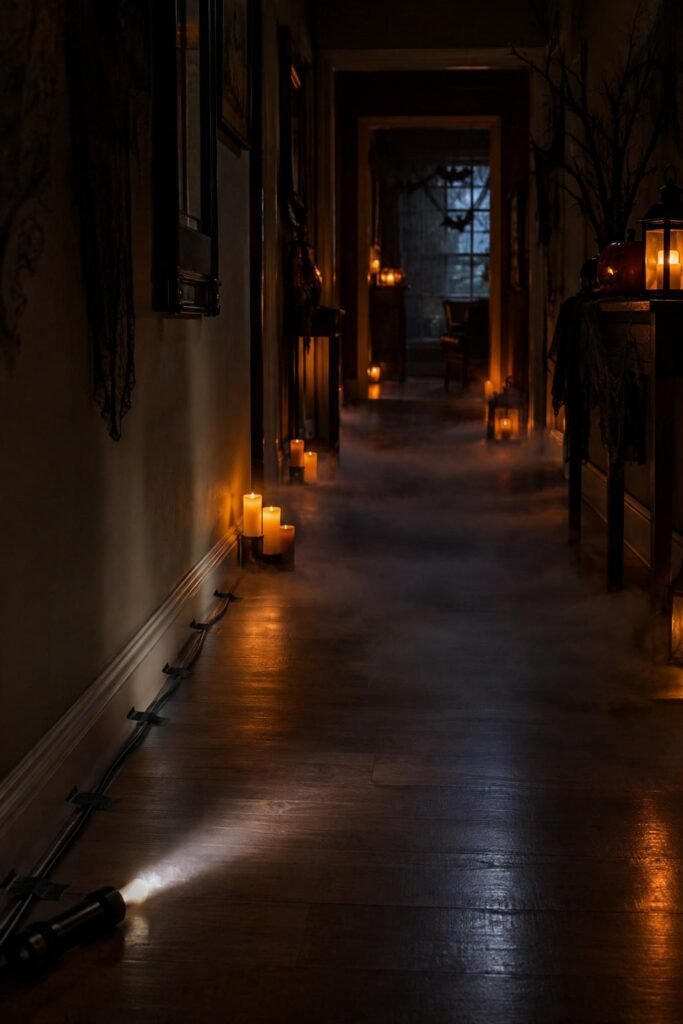 28 Halloween Party Decorations Scary Enough to Terrify Every Guest 19 Dark decorated hallway with a clear path, taped cords, and LED candles showing safe scary Halloween party setup.