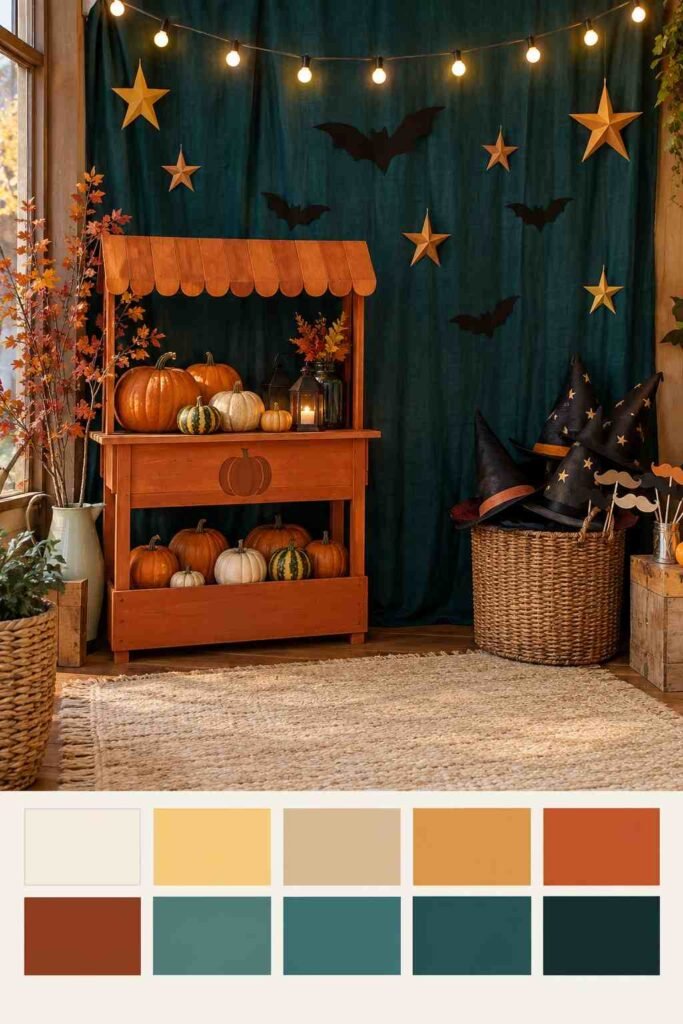 Teal and burnt orange Halloween photo booth backdrop with props, with a color palette strip below.
