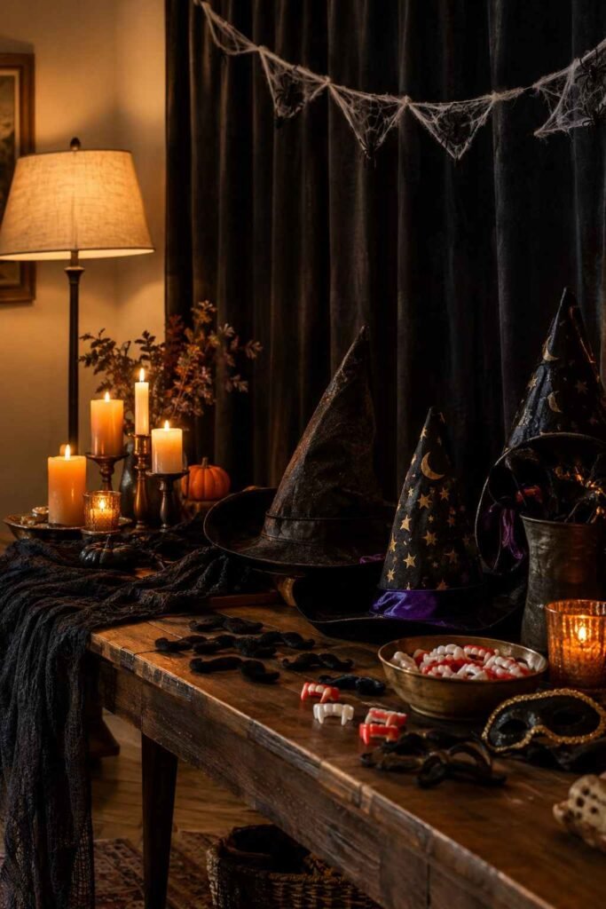 28 Halloween Party Decorations Indoor: Spooky Ideas That Transform Any Room 19 Black curtain photo booth corner with witch hats and props for an indoor Halloween party