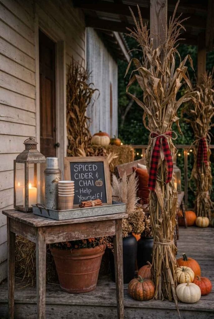 Cider station with a thermos, paper cups, and a chalk sign on a farmhouse porch table.