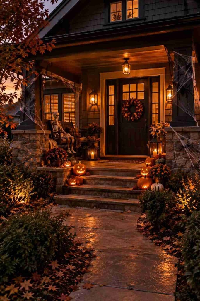 Welcoming Halloween porch with black door, cobwebs, pumpkins, and a skeleton on the swing.