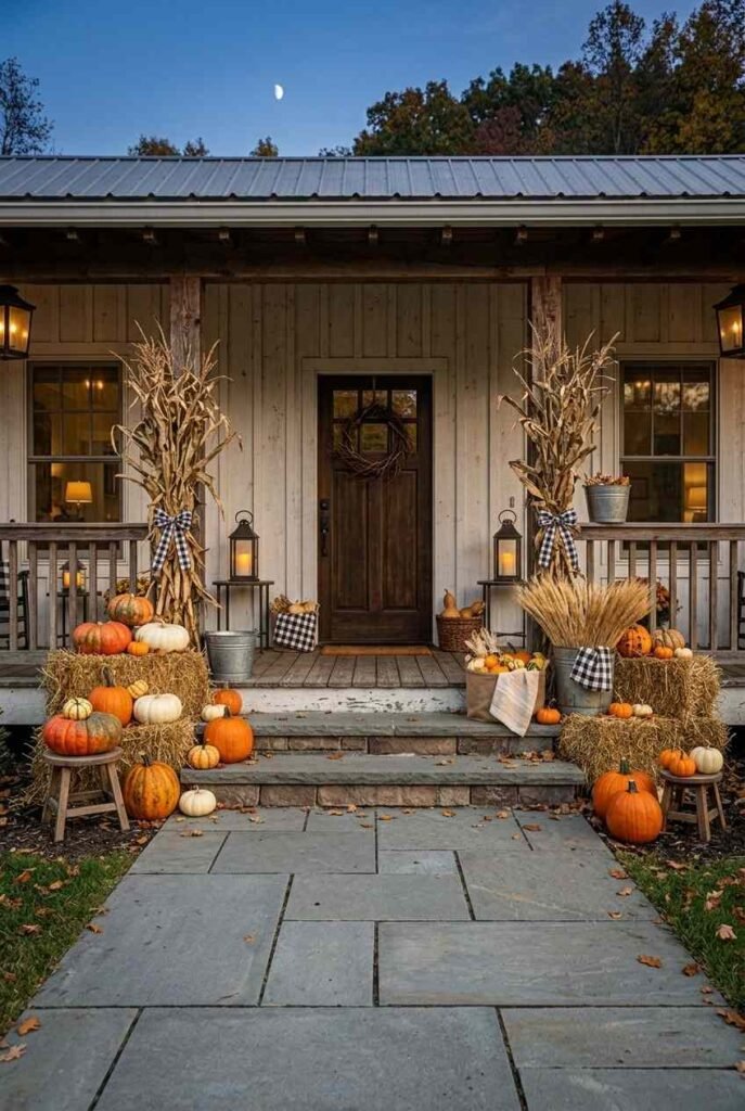 Farmhouse porch with a wide clear path and pumpkins grouped in odd numbers at different heights.