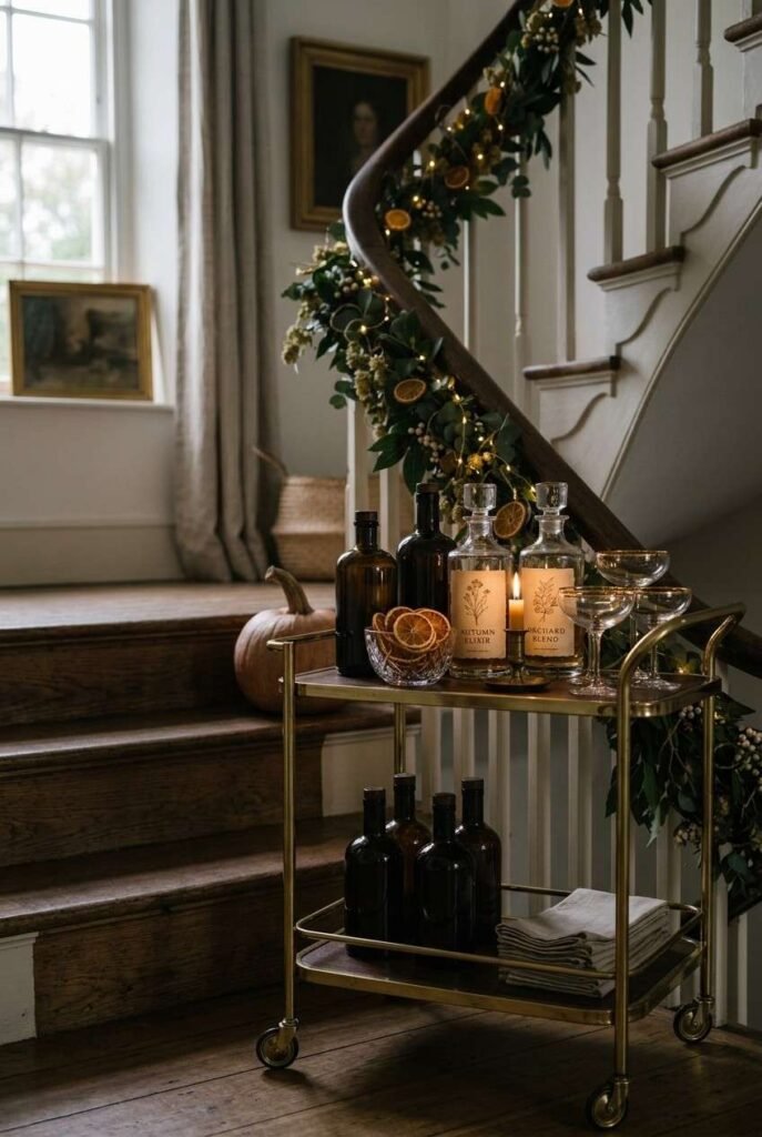28 Classy Halloween Decor Ideas: Moody, Grown-Up for an Elegant, Stylish Home 14 Bar cart styled with dark bottles and coupe glasses for classy Halloween entertaining