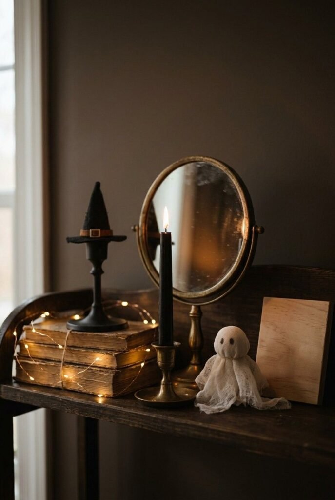 28 Modern Halloween Shelf Styling Ideas That Look Stylish, Not Scary: A Chic, Spooky Home 20 Halloween shelf finishing touches with a round mirror, warm fairy lights, witch hat, and cheesecloth ghost.
