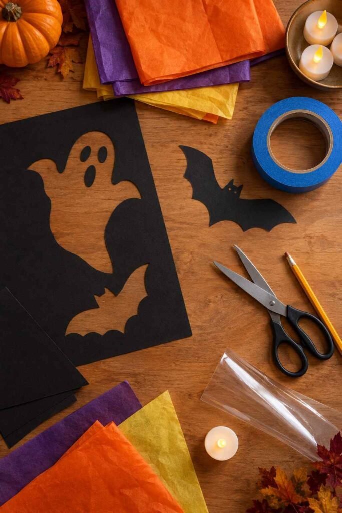 Flat lay of black cardstock, tissue paper, painter’s tape and LED tea lights for window decorations.