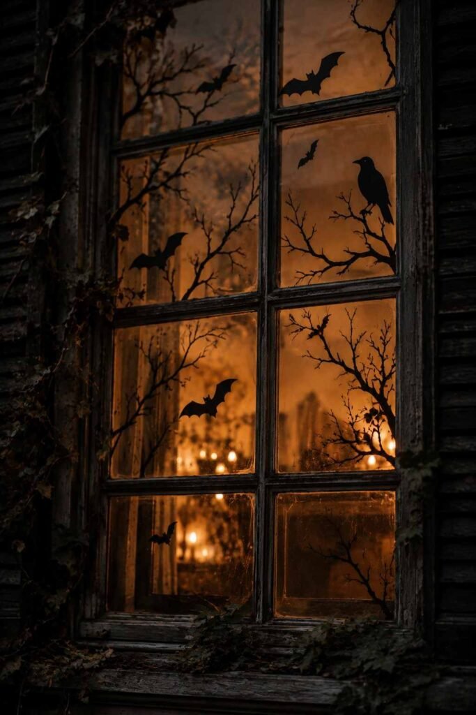 Black paper bat, branch and crow silhouettes on a lit window at dusk