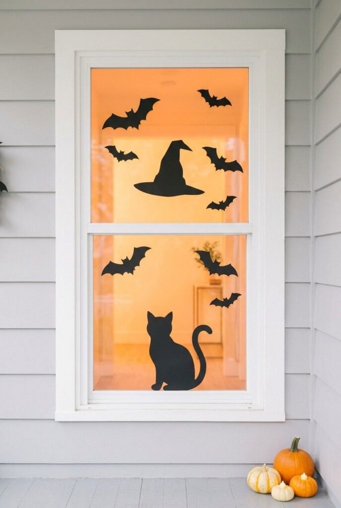 Black paper cat, witch and bat silhouettes on a glowing window for a kids’ Halloween party.