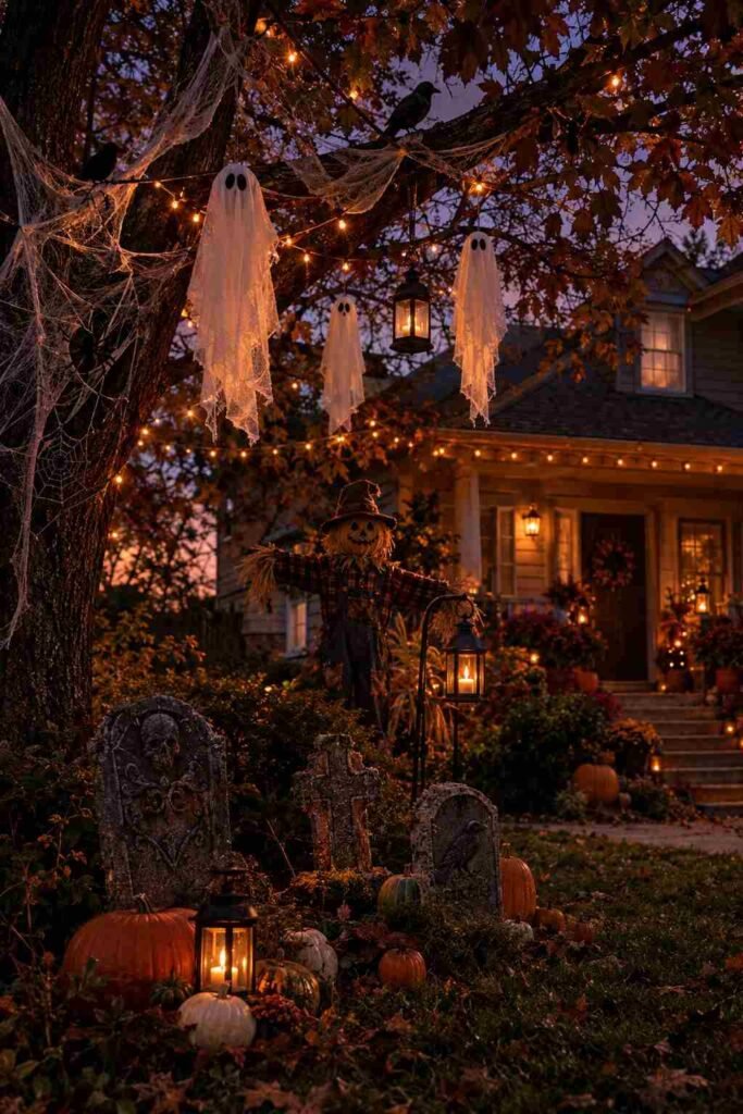 Front yard at dusk with Halloween decor layered at ground, mid, and overhead levels