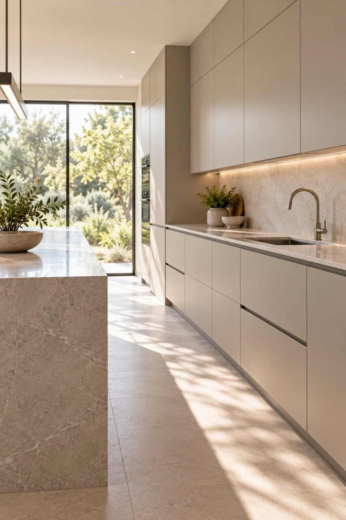Modern kitchen with handleless flat-panel cabinets in warm grey.