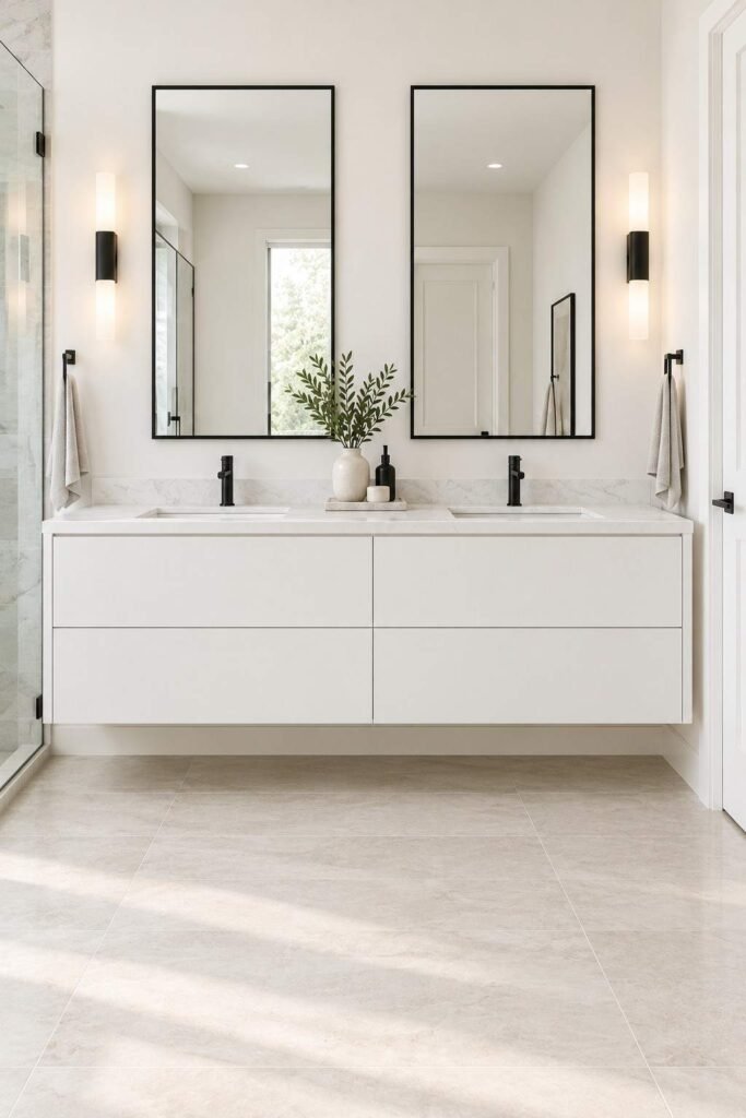 30 Bathroom Vanity Ideas For Double Sink Layouts for Every Style and Budget 5 White handleless double vanity with matte black faucets and a stone countertop.