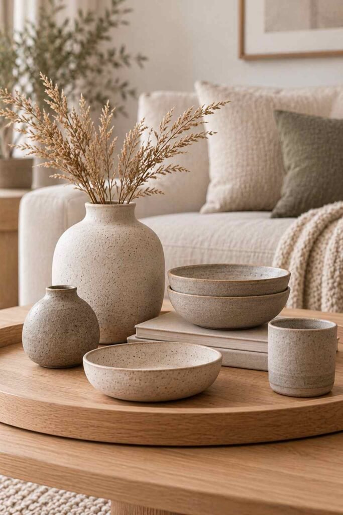 Matte handmade ceramic vases and bowls on a wooden table in a Nordic living room