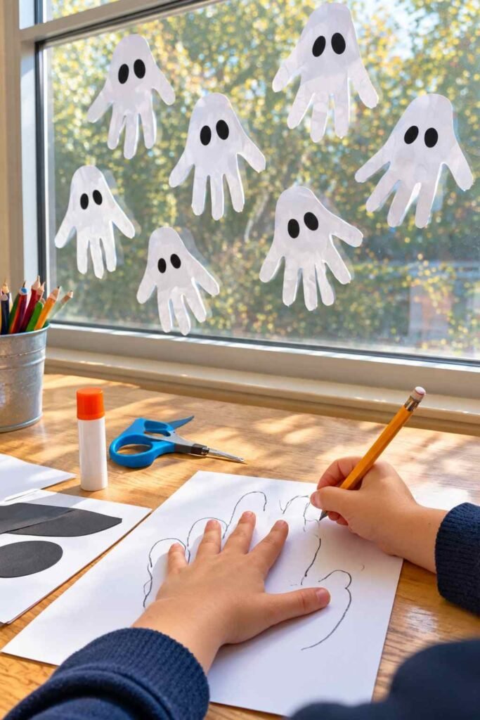 Child’s hands tracing a handprint for a ghost craft, with finished ghosts on the window behind.