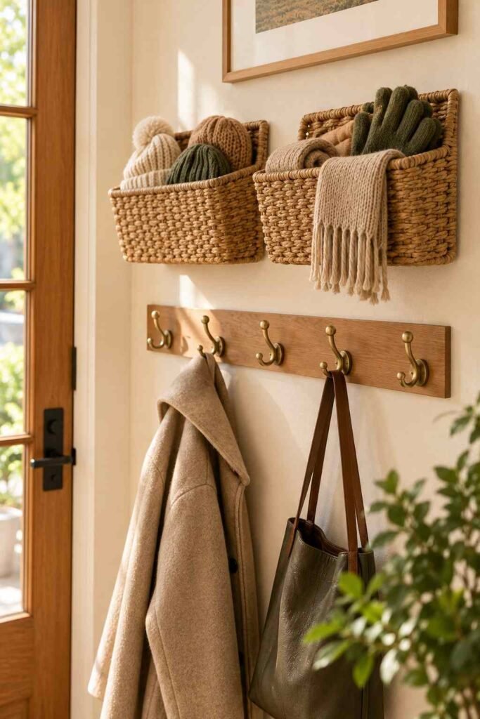 Woven wall baskets holding hats and gloves mounted above entryway coat hooks.