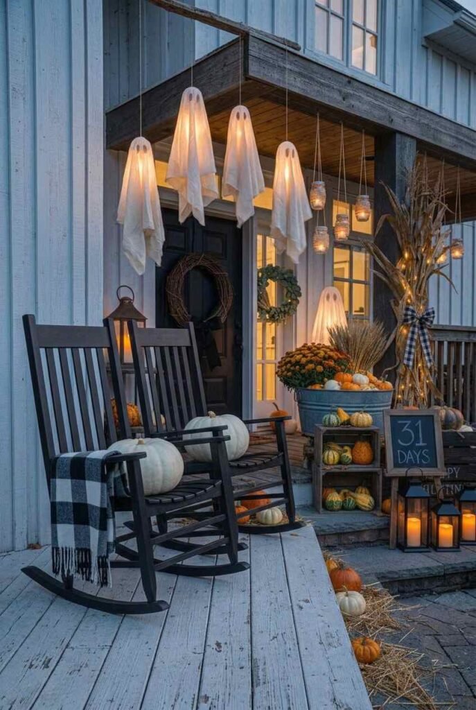 White fabric ghosts hanging at different heights from a farmhouse porch beam.