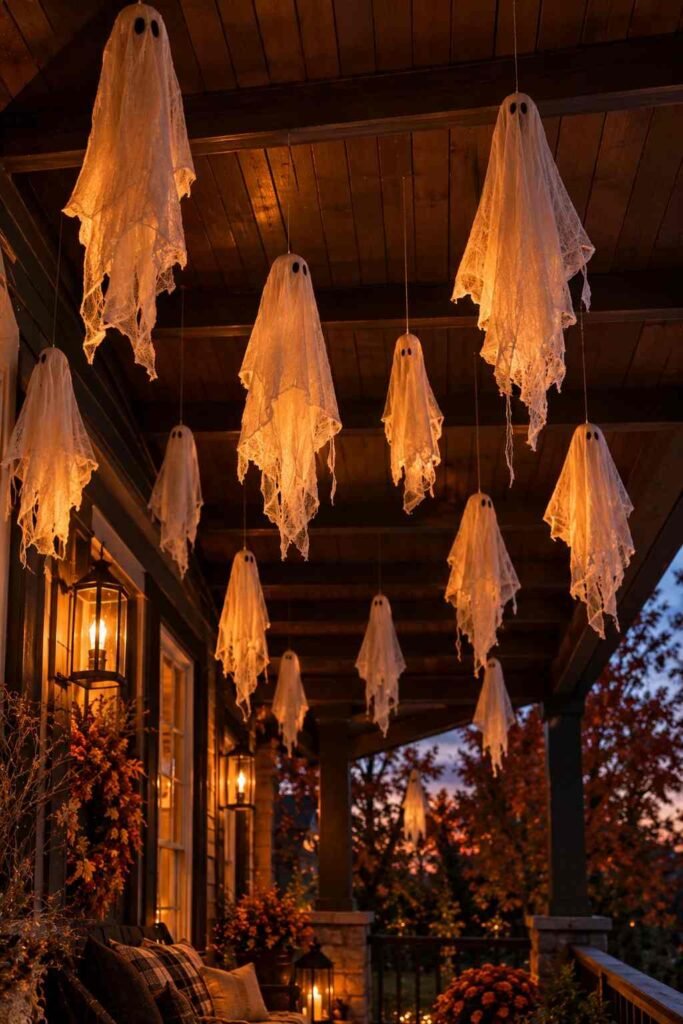Cheesecloth ghosts hanging at varied heights from a porch ceiling at dusk.