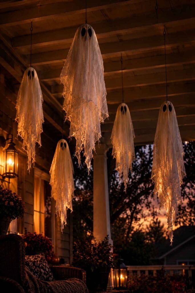 Cluster of fabric ghosts hanging at different heights from a porch ceiling