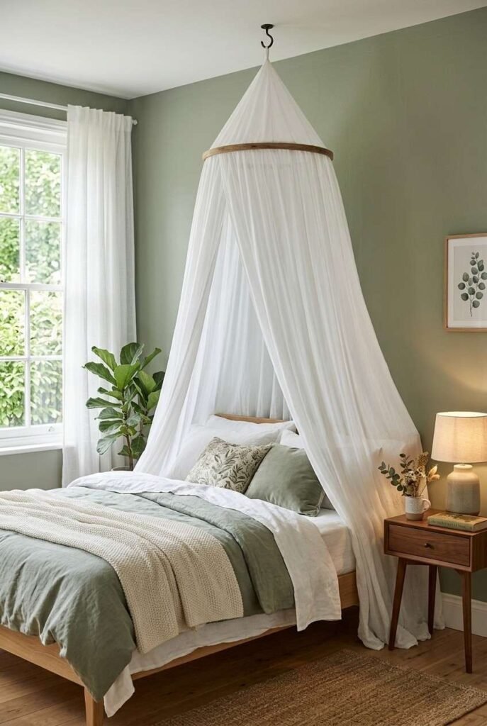 Hanging hoop canopy with white voile over a bed in a sage green room.