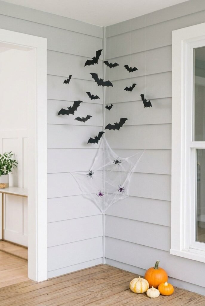 Paper bats hanging from the ceiling above a light cobweb corner in a kids’ Halloween party room.