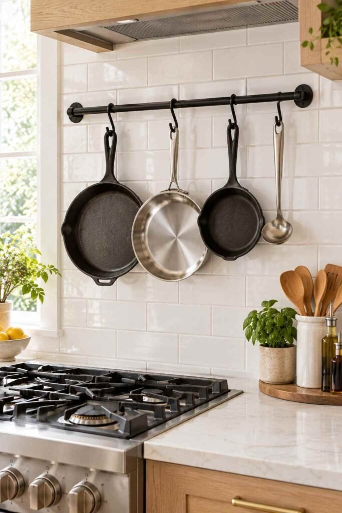Steel hanging rail with S-hooks holding pans beside a stove on a white tile backsplash