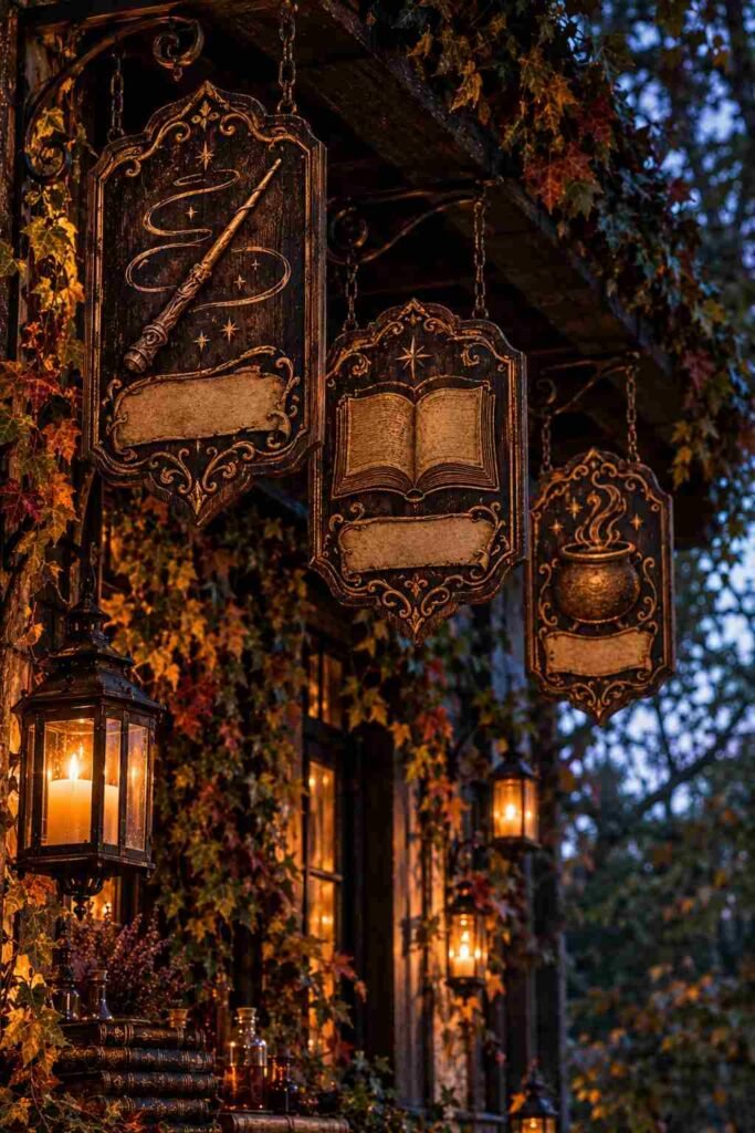 Row of hanging painted wooden shop signs with gold scrollwork along a porch ceiling.