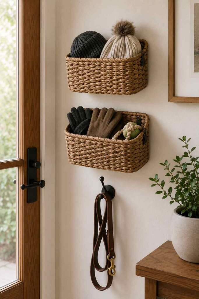 30 Smart Entryway Organization Wall Ideas: for Hooks, Shelves & Storage 17 Two hanging woven wall baskets holding hats, gloves, and a dog toy in an entryway