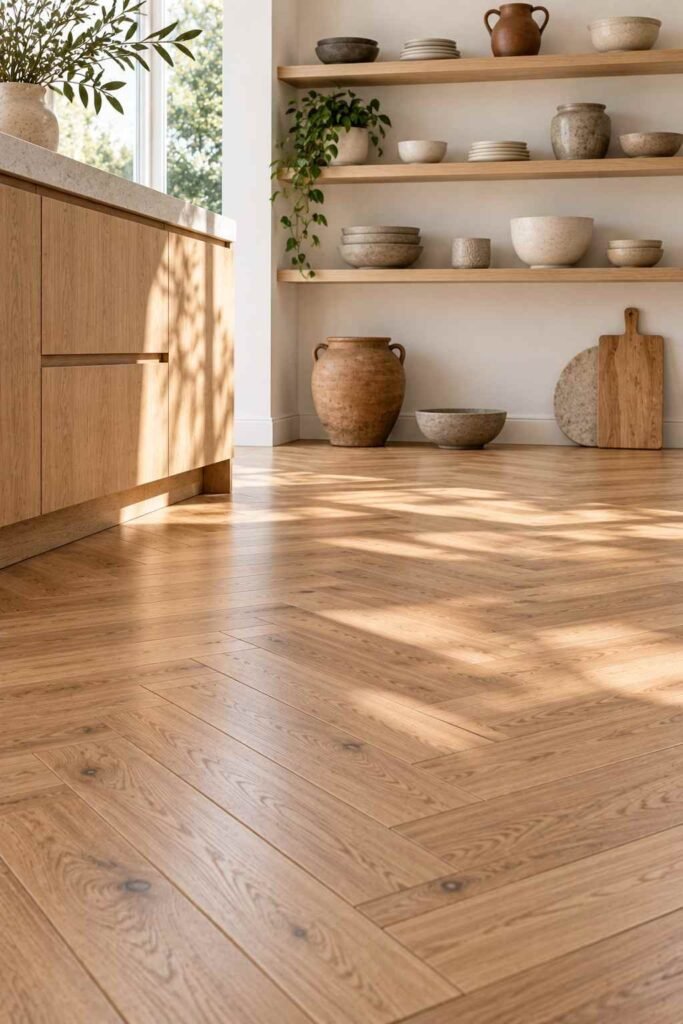 30 Scandinavian Interior Design Ideas with Wood Block Flooring for a Warm, Light-Filled Home 10 Low-sheen hardwax oil wood block floor beneath open shelves with handmade ceramics