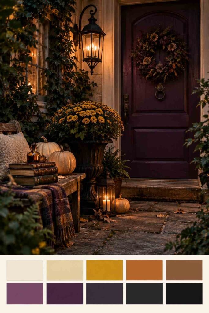 Plum-door porch with mustard lanterns and cream pumpkins, shown with a ten-color swatch strip below the photo.